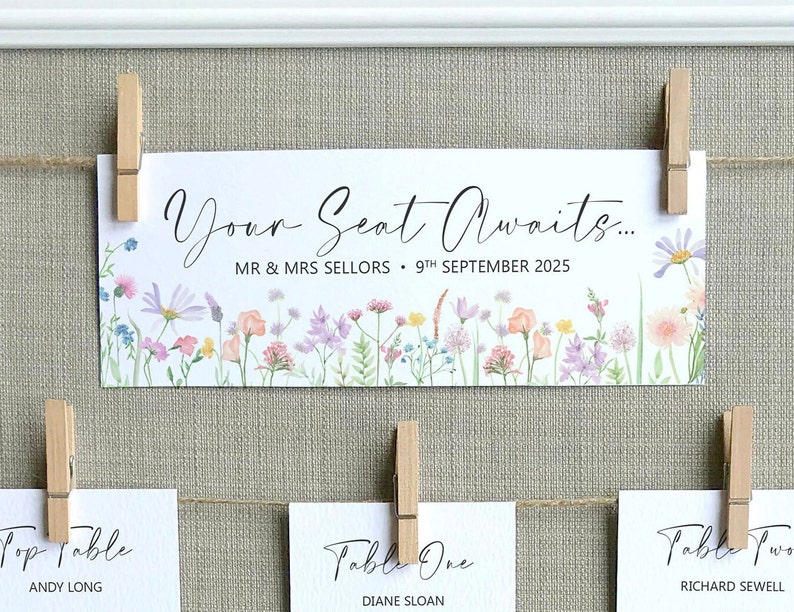 Lilac, Pink, Peach and Yellow Wildflower Print Wedding Seating Plan header Card