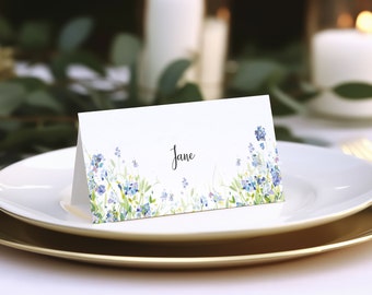 10 x Blue & Green Floral Print Folded Blank Place Name Cards / Luxury Wedding Place Setting Card / Buffet Tent Card ‘FORGET ME NOT’