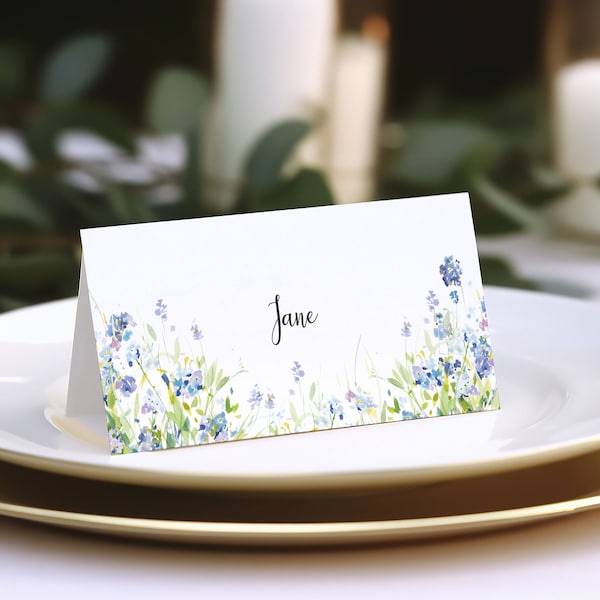 10 x Blue & Green Floral Print Folded Blank Place Name Cards / Luxury Wedding Place Setting Card / Buffet Tent Card ‘FORGET ME NOT’