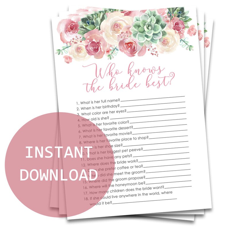 Who Knows the Bride Best Printable Games Printable Bridal | Etsy
