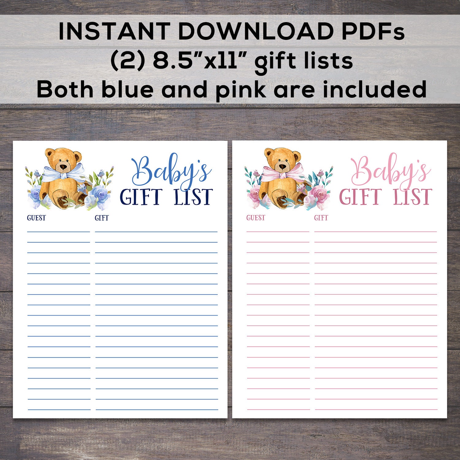 Gift List Baby Shower Gift List Printable Gift List Teddy Etsy