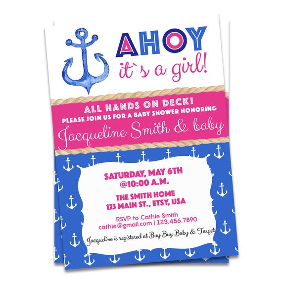 Girl Nautical Baby Shower Invitations Ahoy It S A Girl Etsy Girl Nautical Baby Shower Invitations Ahoy It S A Girl Etsy