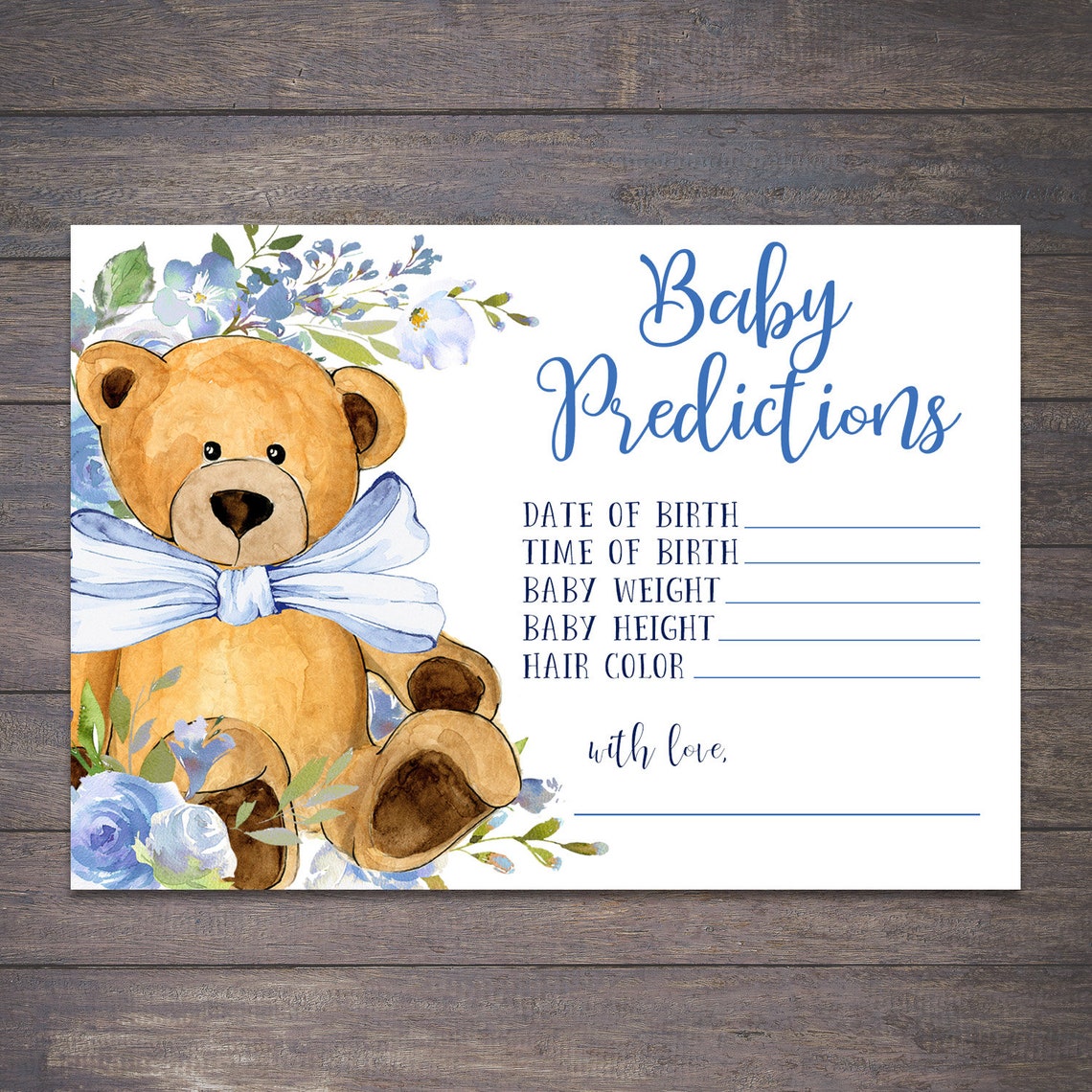 Baby Predictions Card Boy Blue Teddy Bear Baby Shower Gender Etsy