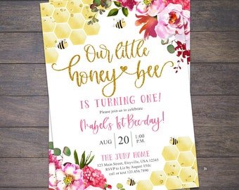 Bee Birthday Invitation | Bumble Bee Birthday Party | First Bee-Day Invite Bee Invitation | Our Little Honey Bee Birthday Invitation
