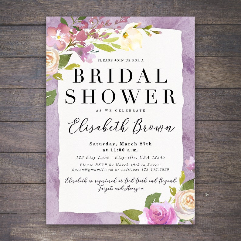 Bridal Shower Invitation Purple Floral Bridal Shower Etsy