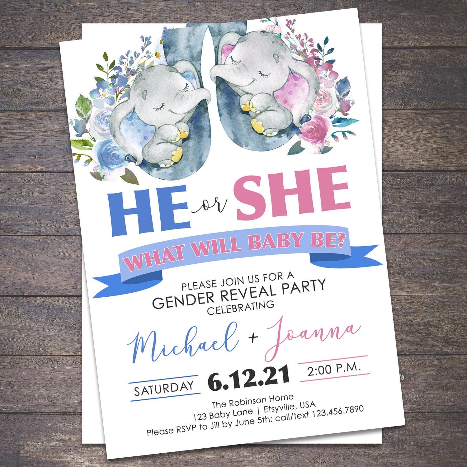 Gender Reveal Baby Shower Invitation Elephant Gender Reveal Etsy