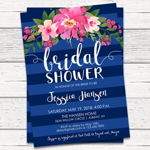 Navy Bridal Shower Invitation, Navy and Pink Bridal Brunch Invitation, Floral Navy Bridal Shower Invite, Bridal Shower Invitation Navy