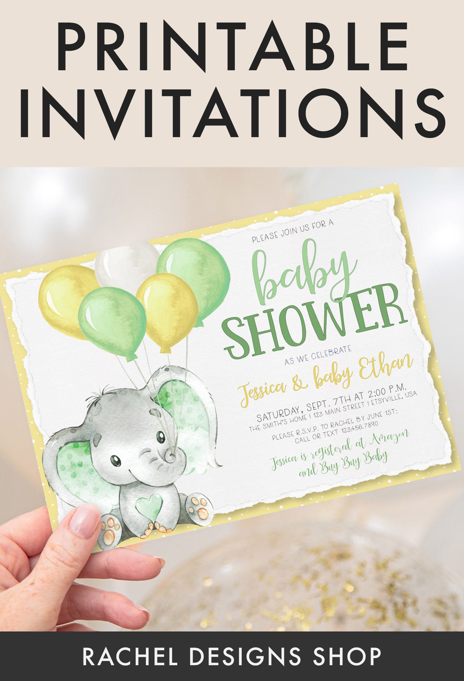 Elephant Baby Shower Invitation Gender Neutral Baby Shower Etsy