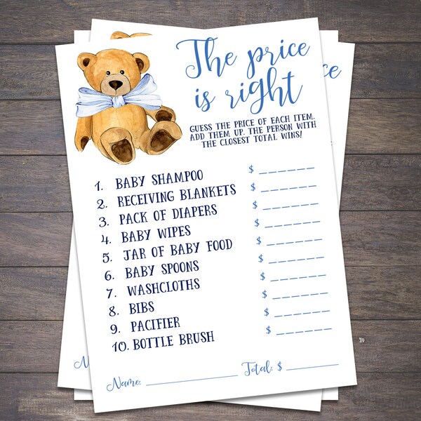 The Price Is Right Teddy Bear Baby Shower Games Printable | Teddy Bear Baby Shower Games PDF Instant Download | Baby Shower Games Boy Blue