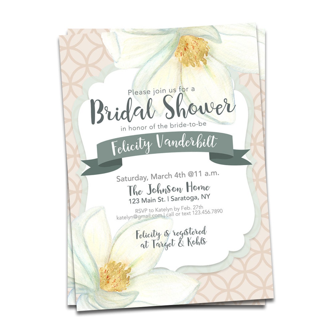 Printable Bridal Shower Invitation, Magnolia Invitation, Magnolia