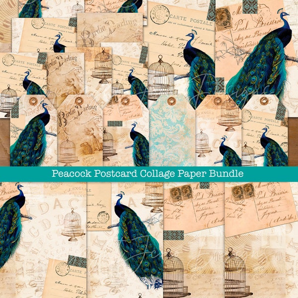 Peacock Postcard Collage Paper Kit, Scrapbooking, Digital Download, Note Cards, Gift Tags, Scrapbook Papers, Vintage Images, Birds