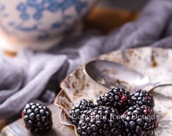 Blackberries on Plate with Vase, Wall Art, Original Photography, Rustic, Kitchen Art, Dining Room Art, Old Book, Vintage Book, Blue Vase