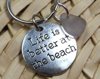 Lavender Sea Glass "Life is Better at the Beach" Key Ring - Beach Glass and Silver Charm Keychain