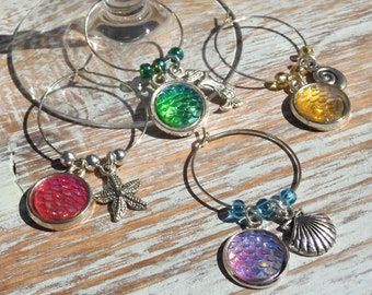 Mermaid Wine Charms (Set of 4) - Silver charms and beads