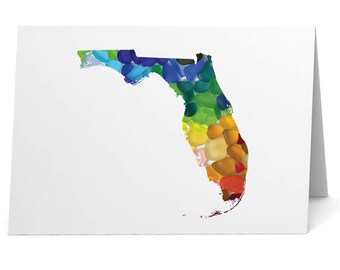 Cartão postal com mapa da Flórida em vidro do mar multicolorido - Impressão artística em vidro do mar, interior em branco