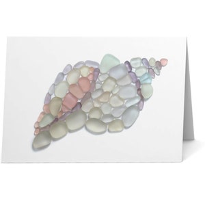 May include: A seashell made of small, smooth, pastel-coloured glass pieces arranged in a spiral shape on a white background.