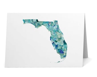 Cartão postal com mapa da Flórida em vidro marinho azul e turquesa - Impressão artística em vidro marinho, interior em branco