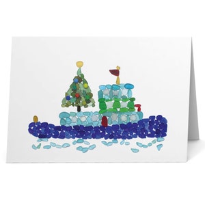 クリスマスツリーとシーグラスタグボートのプリントホリデーカード