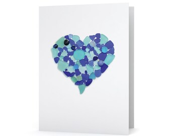 Tarjeta de corazón de vidrio marino azul - Impresión artística de vidrio marino, interior en blanco