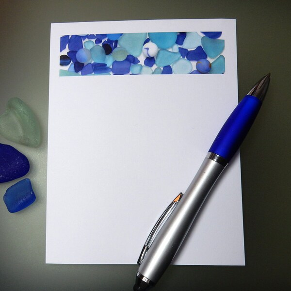 Blue Sea Glass and Sea Marbles Note Pad - Seaglass Design, 50 notes per pad, optional magnet on back to hang on refrigerator or more