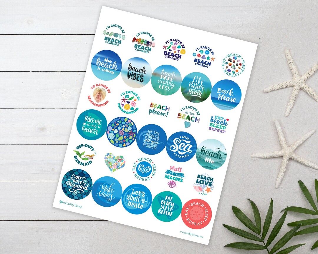 Beachcombing Stickers - 30 Colorful Round Stickers With Beach and ...