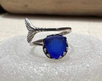 Large Cobalt Blue Sea Glass Mermaid Ring - Real Beach Glass in Sterling Silver Mermaid Tail Wrap Ring - Beach Jewelry