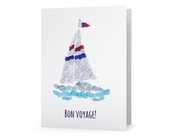 Sea Glass Sailboat "Bon Voyage" Card - Seaglass Art Print, Blank Inside