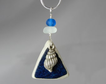 Blue Sea Pottery Necklace with Sea Glass Bead and Sea Shell Charm