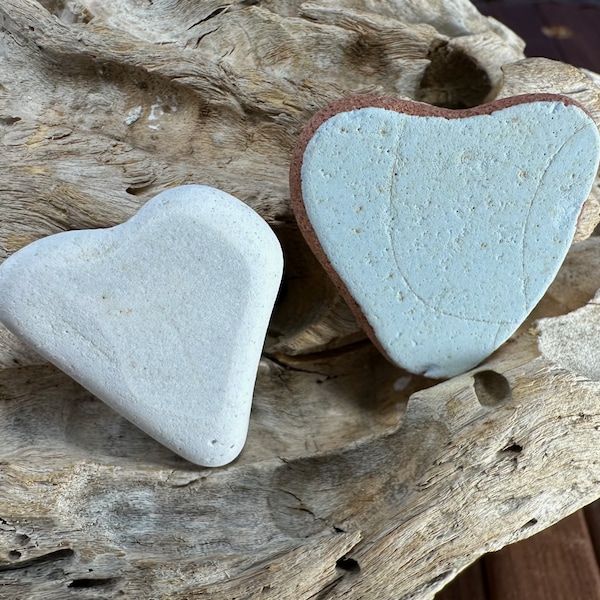 2 Sea Pottery Hearts - Genuine heart-shaped sea pottery pieces
