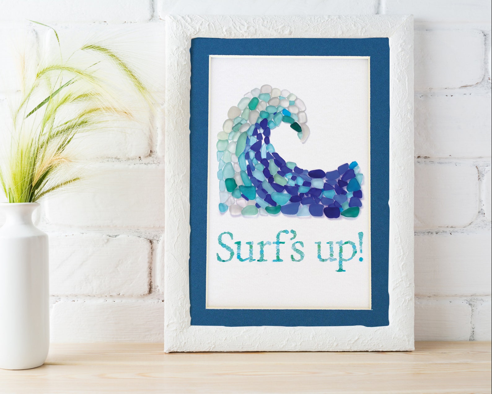 Blue Sea Glass Crashing Wave "surf's Up" - Seaglass Art Mosaic Matted ...