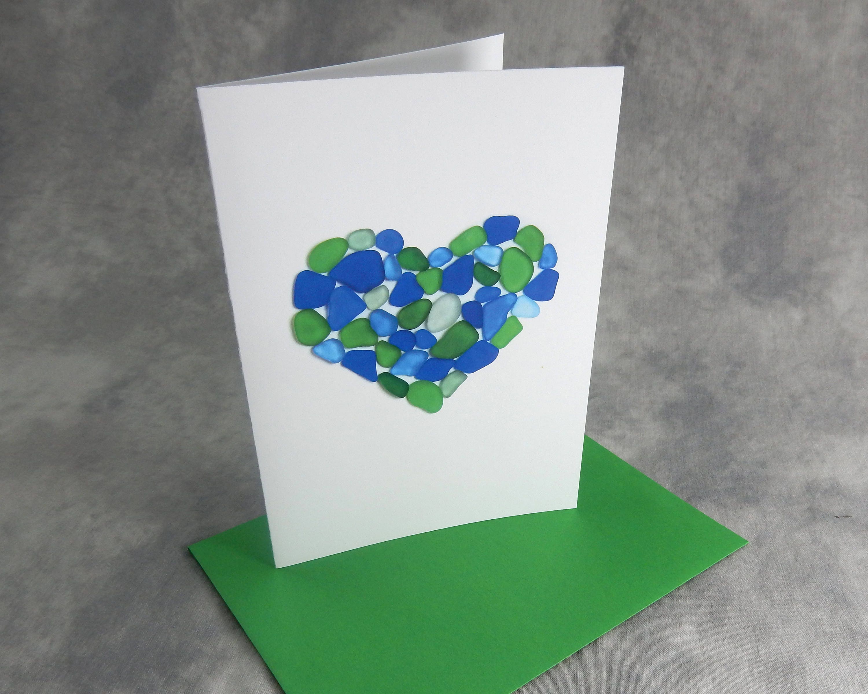 Blue and Green Sea Glass Heart Card - Seaglass Art Print, Blank Inside ...