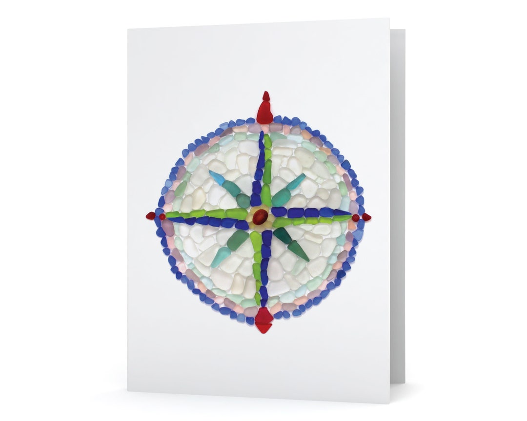 Sea Glass Compass Rose Card - Seaglass Art Print, Blank Inside - Etsy
