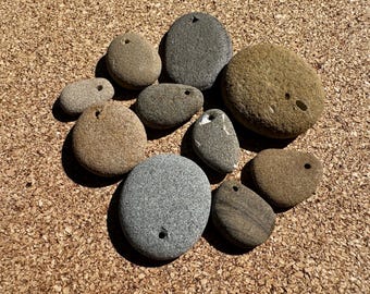 Beach Stone Pendant Beads - Set of 10 Top-Drilled Natural Beach Rocks - Fossils