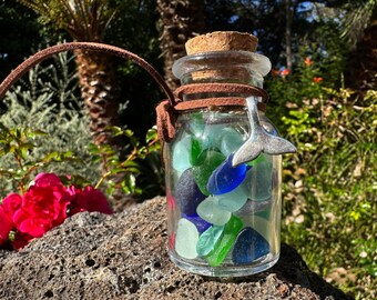 California Colorful Sea Glass Bottle - Genuine beachglass pieces in a glass jar - cork stopper, leather cord, silver charm