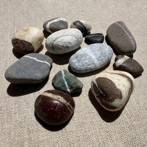 May include: A collection of twelve smooth, rounded river stones of varying sizes and shapes. The stones feature diverse colors including shades of brown, gray, white, and dark green, with many displaying distinct white mineral bands or stripes.