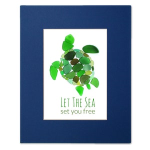 Sea Glass Sea Turtle - Seaglass Art Mosaic Matted Print - "Let the Sea Set You Free"