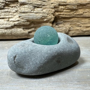Sea Glass Marble on Natural Beach Stone Stand