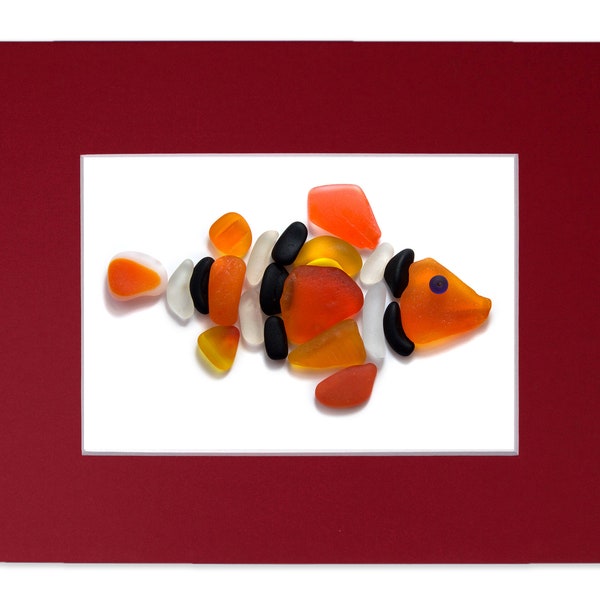 Sea Glass Clown Fish - Seaglass Art Mosaic Matted Print