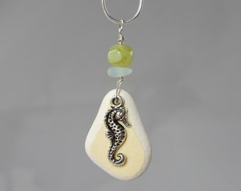 Yellow Sea Pottery Necklace with Sea Glass Bead and Seahorse Charm