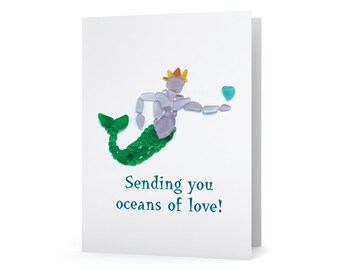Tarjeta Océanos de Amor con Tritón de Vidrio Marino - Rey Tritón con Corazón de Vidrio Marino - Impresión artística de Vidrio Marino, Interior en blanco