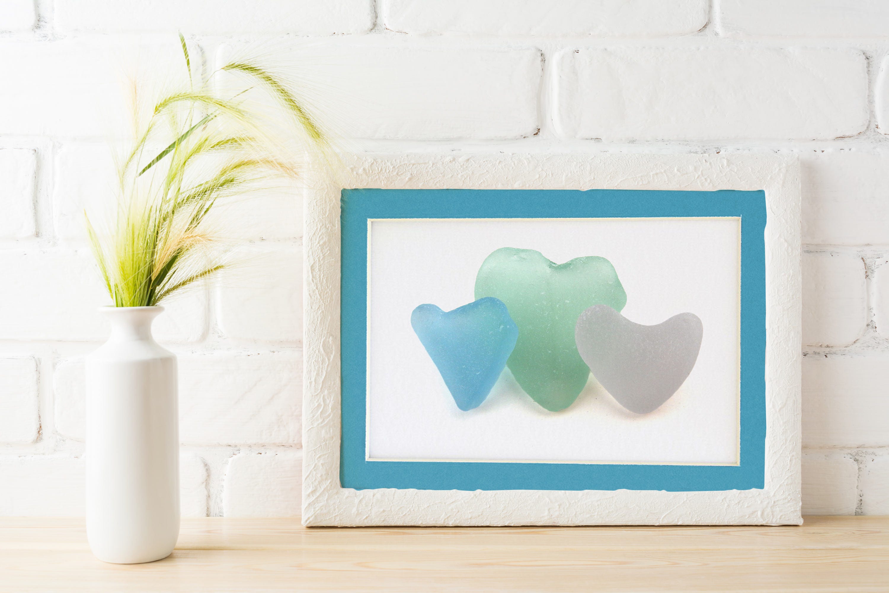 Sea Glass Trio of Hearts - Seaglass Art Matted Print - Etsy