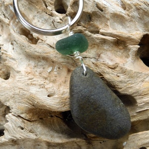 Black Beach Rock and Sea Glass Bead Key Chain - Real Beach Stone and Beach Glass Key Ring