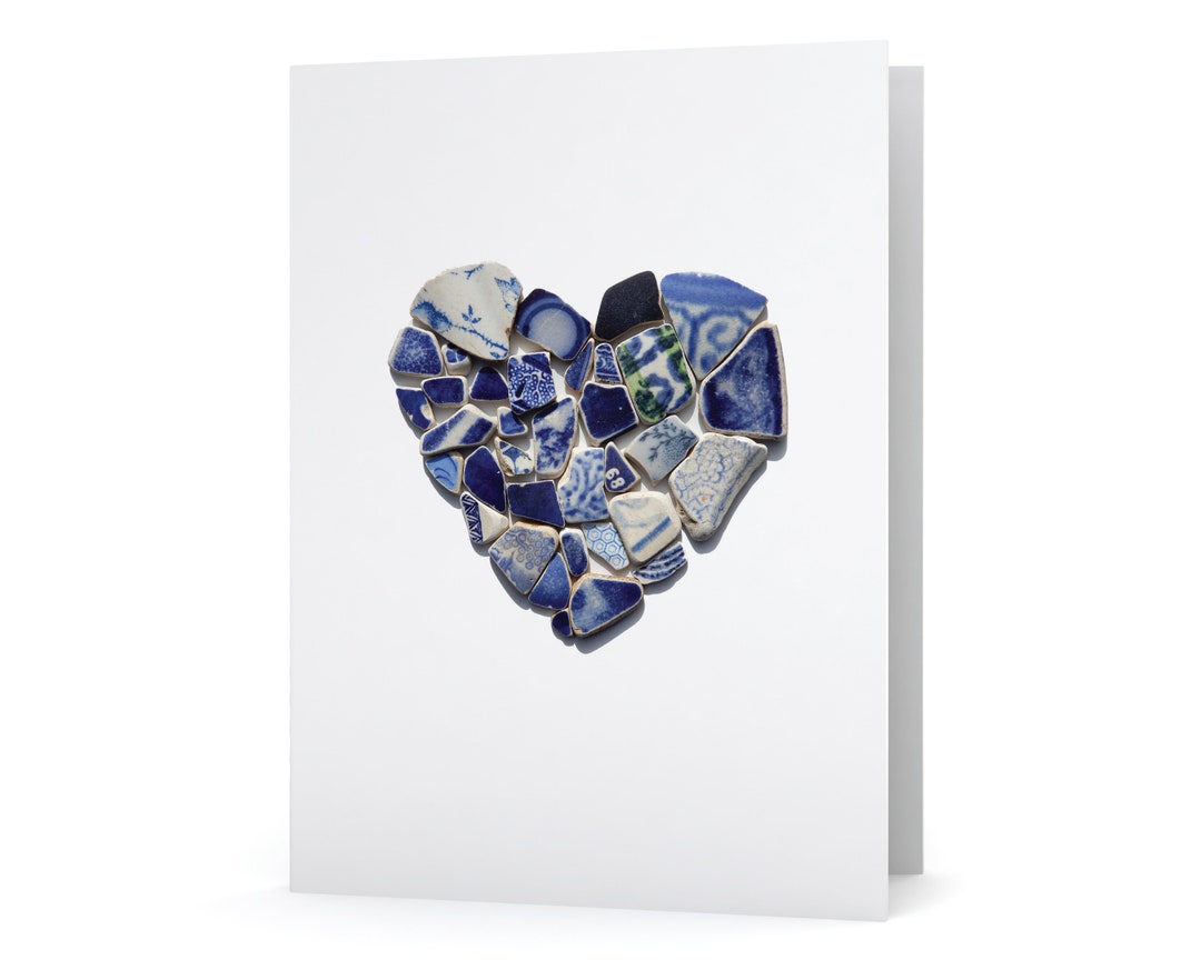 Blue Sea Pottery Heart Card - Seaglass Art Print, Blank Inside - Etsy