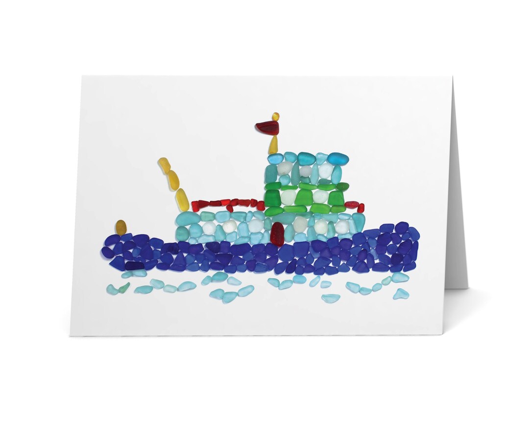 Sea Glass Tugboat Card - Seaglass Art Print, Blank Inside - Etsy