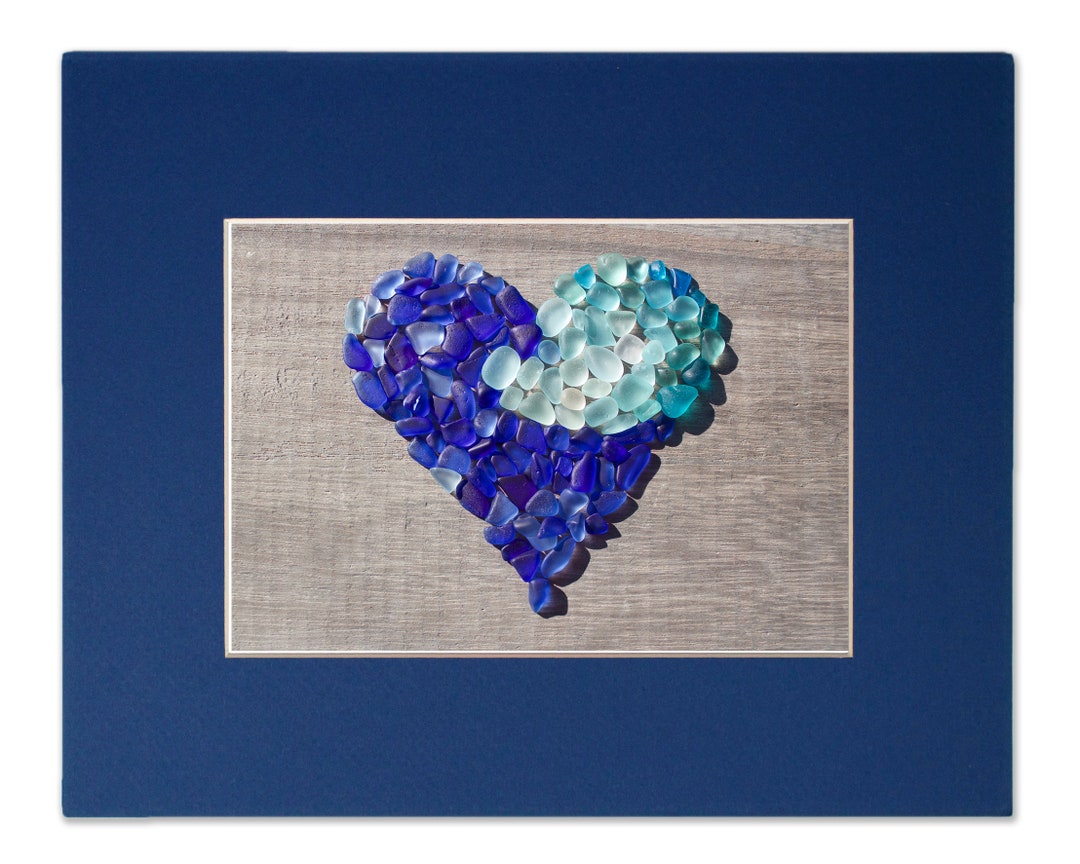 Blue Sea Glass Heart With Wave - Seaglass Art Matted Print - Etsy