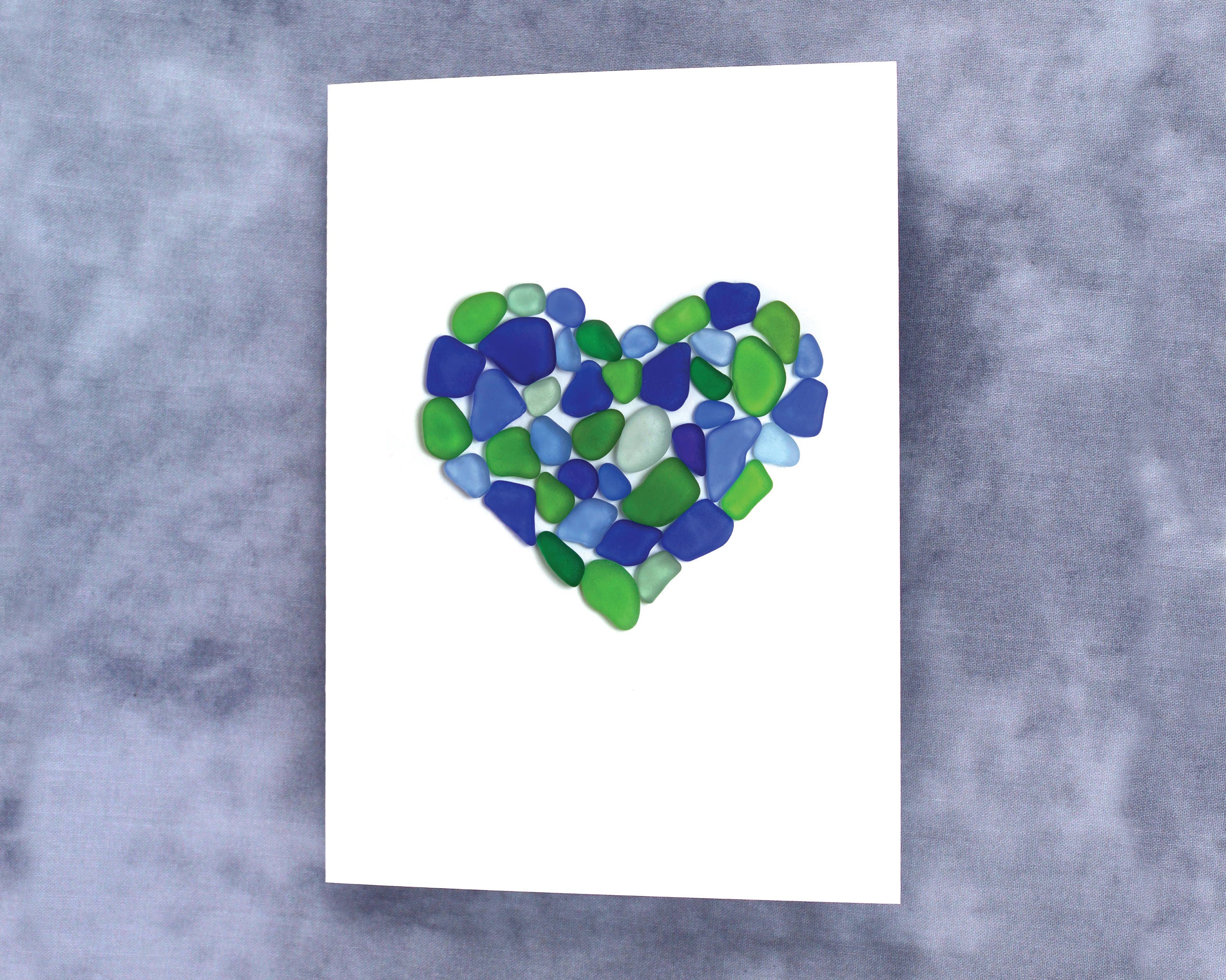 Blue and Green Sea Glass Heart Card - Seaglass Art Print, Blank Inside ...