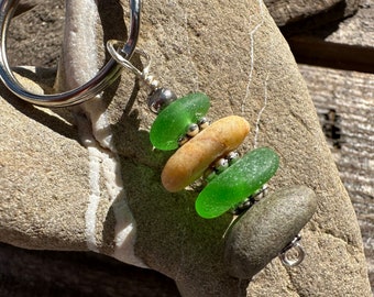 Sea Glass and Beach Stone Cairn Key Chain - Real Beach Glass and Beach Rocks Stack Key Ring