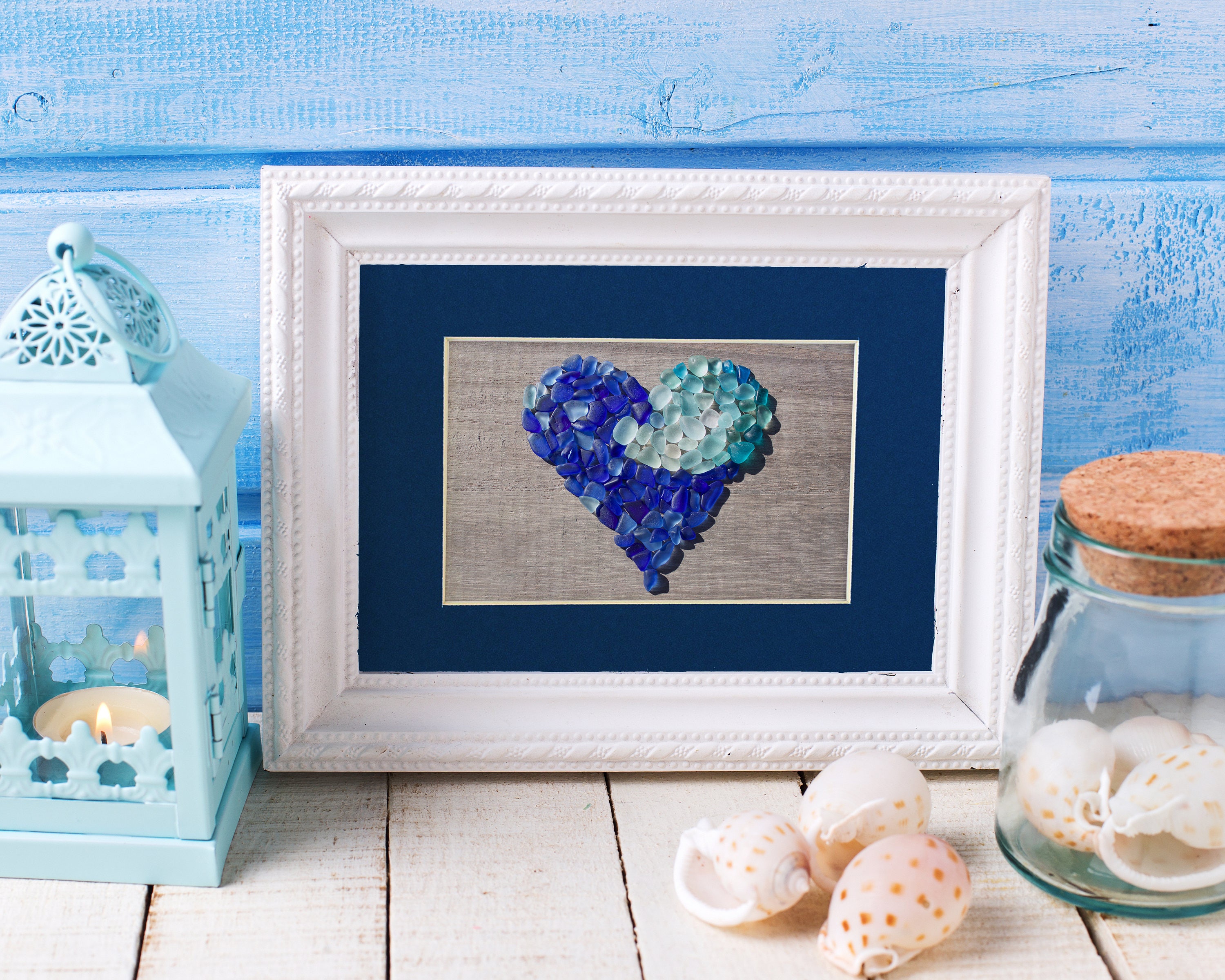 Blue Sea Glass Heart With Wave - Seaglass Art Matted Print - Etsy