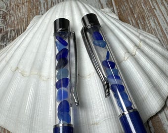 Bolígrafo de vidrio marino - Bolígrafo multicolor de vidrio de playa azul y blanco