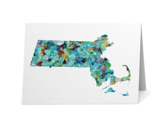 Mapa de Massachusetts em Vidro Marinho - Cartão-postal Multicolorido ou em Tons de Azul - Impressão Artística em Vidro Marinho, Interior em Branco